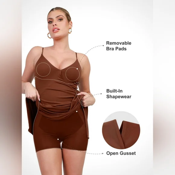 Built-In Shapewear Slip V-Neck Split Midi Dress - Picture 5 of 6